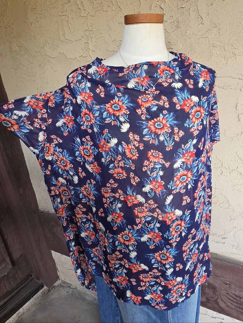 Torrid Shear Open Back Navy Blue Floral Tunic with Red & White Accents